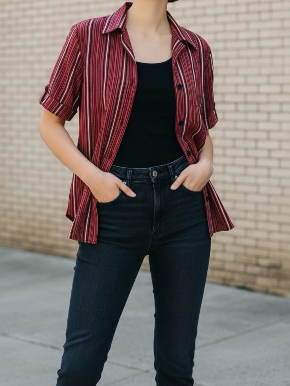 Gloria Lance Women Red Striped Button-Up Blouse/ M